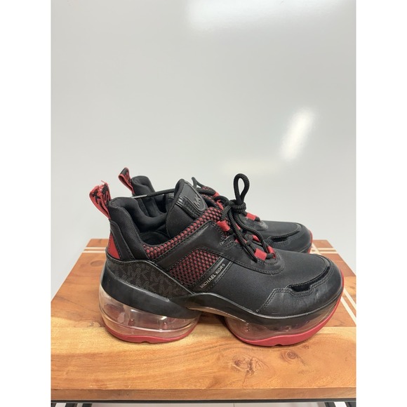 Women's Michael Kors Olympia Extreme Logo Tape Mixed-Media Trainer Red Black 8M - Picture 1 of 6